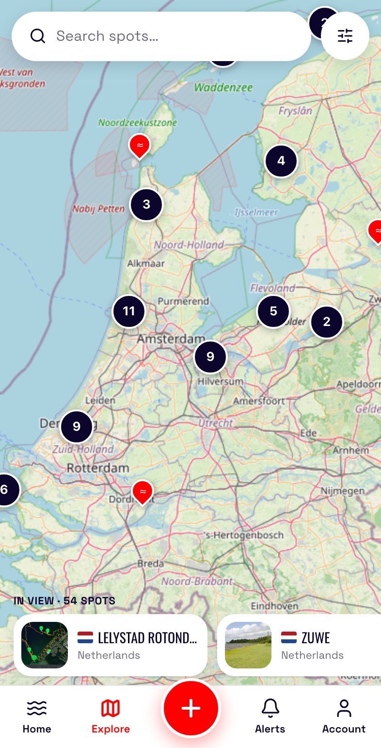 Gusty app: explore map with spots