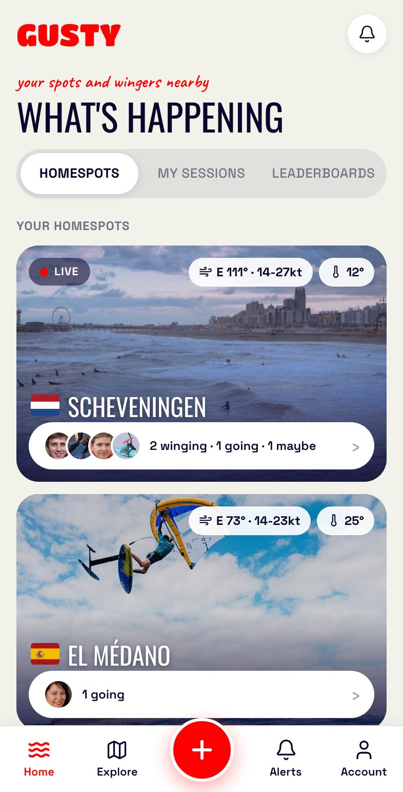 Gusty app home screen with live wind at your homespots