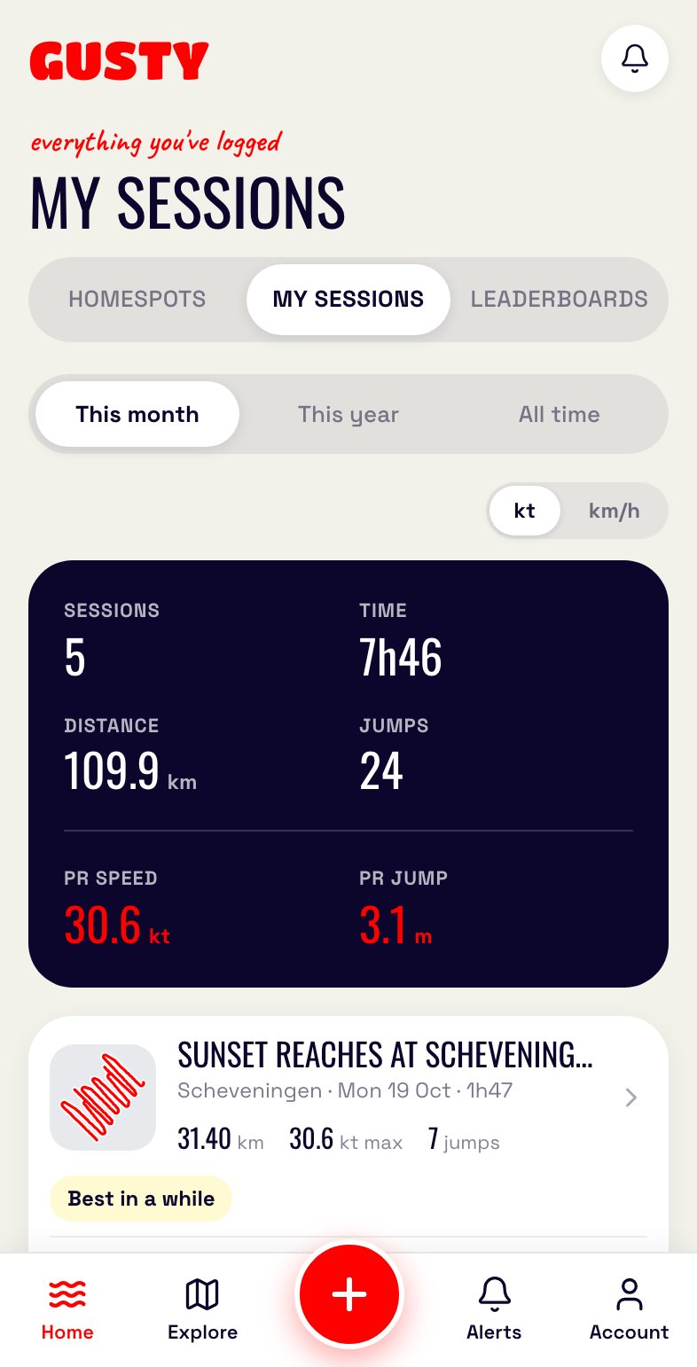 Gusty app: My sessions